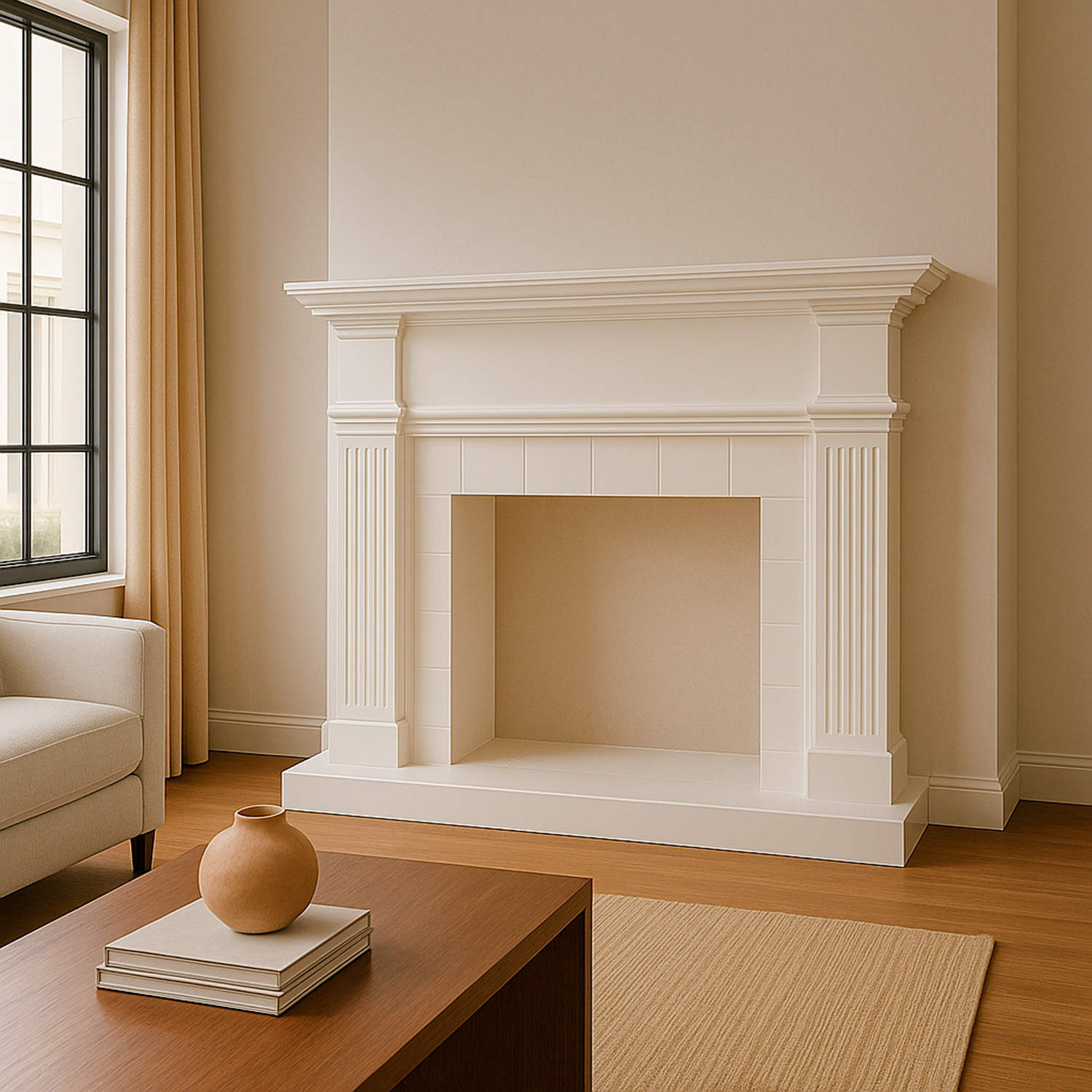 CORNICE-CAMINO-CALDERA-BIANCO-ambientata - SINED | Douches de piscine | Chaises longues de jardin | Cheminées électriques | Radiateurs infrarouges