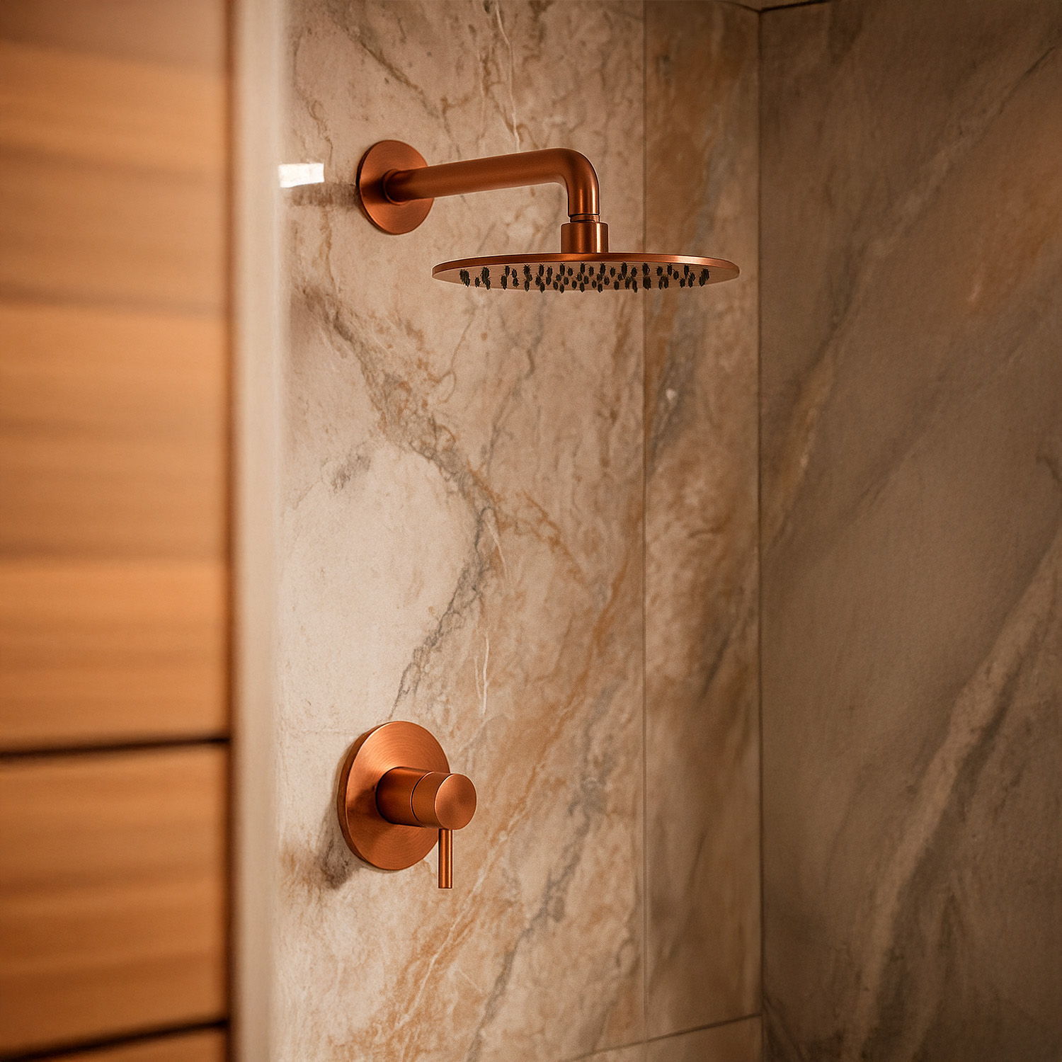 SOFFIONE-LEVANTE-30-ORO-ROSA-ambientata - SINED | Douches de piscine | Chaises longues de jardin | Cheminées électriques | Radiateurs infrarouges